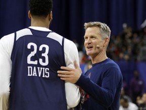Steve Kerr of the Golden State Warriors greets Anthony Davis of the New Orleans Pelicans during practice for the 2017 NBA All-Star Game at the Mercedes-Benz Superdome on February 18, 2017 in New Orleans. (Ronald Martinez/Getty Images)