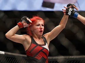 Randa Markos celebrates during the UFC Fight Night event at the TD Place Arena on June 18, 2016 in Ottawa. (Andre Ringuette/Zuffa LLC/Zuffa LLC via Getty Images)