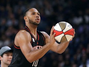 Eric Gordon of the Houston Rockets competes in the 2017 JBL Three-Point Contest at Smoothie King Center on February 18, 2017 in New Orleans. (Ronald Martinez/Getty Images)