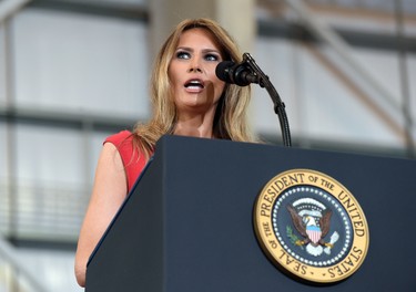 First lady Melania Trump speaks at the "Make America Great Again Rally" at Orlando-Melbourne International Airport in Melbourne, Fla., Saturday, Feb. 18, 2017. (AP Photo/Susan Walsh)