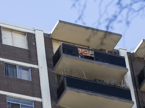 Emergency crews were called to 105 West Lodge Ave., near Seaforth Ave., on Saturday, after an explosion destroyed a 19th-floor apartment. (CRAIG ROBERTSON, Toronto Sun)