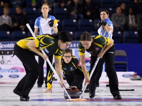 Northern Ontario skip Krista McCarville delivers the stone while taking on Quebec in the 3rd draw of the Scotties Tournament of Hearts in St. Catharines, Ont., on Sunday, Feb. 19, 2017. THE CANADIAN PRESS/Sean Kilpatrick