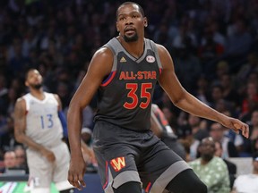 Kevin Durant of the Golden State Warriors in action during the 2017 NBA All-Star Game at Smoothie King Center on February 19, 2017 in New Orleans, Louisiana. (Ronald Martinez/Getty Images)