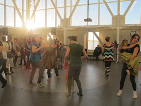 The Dawn Shaker Dance Party kicks off at 6:30 a.m., bringing sunshine and groovy tunes for the families in attendance at the Family Day celebrations at the Tett Centre for Creativity and Learning on Monday. (Rachel Levy-McLaughlin/For The Whig-Standard)