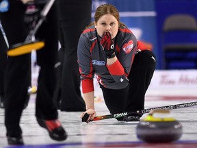 Northwest Territories skip Kerry Galusha delivers as they take on British Columbia during the Scotties Tournament of Hearts in St. Catharines, Ont., on Feb. 20, 2017. (THE CANADIAN PRESS/Sean Kilpatrick)