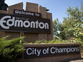 The Edmonton welcome sign alongside Baseline Road and 101 Avenue on the east side of the city, which included the city slogan "City of Champions", as seen on Sept. 13, 2013. (Ian Kucerak)