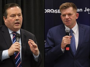 On the left, Alberta PC leadership candidate Jason Kenney. On the right, Wildrose Party leader Brian Jean.