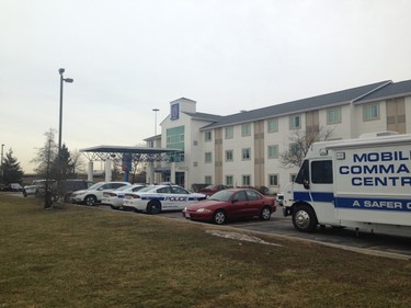 Peel Regional Police at a Motel 6 on Steelwell Rd. in Brampton on Tuesday, Feb. 21, 2017 after a man was fatally shot the night before. (Kevin Connor/Toronto Sun)