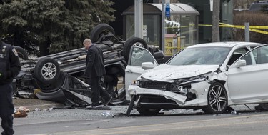 York Regional Police investigate a three-car crash that left one person dead at Keele St. and Rivermede Rd. in Vaughan on Tuesday, February 21, 2017. (Craig Robertson/Toronto Sun)