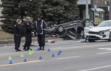 York Regional Police investigate a three-car crash that left one person dead at Keele St. and Rivermede Rd. in Vaughan on Tuesday, February 21, 2017. (Craig Robertson/Toronto Sun)