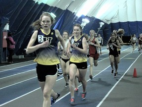 Laurentian Voyageurs' Megan Crocker (left) and Marissa Lobert compete in the 1,500 metres at the Ottawa Last Chance Meet on the weekend. Dick Moss/For The Sudbury Star