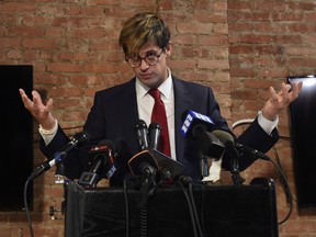 Milo Yiannopoulos holds a press conference in New York on February 21, 2017. The conservative firebrand resigned Tuesday from the right-wing U.S. news site Breitbart amid a storm triggered by comments in which he seems to condone pedophilia. The 33-year-old Briton had already lost a book deal and a speaking engagement over a video leaked on Twitter over the weekend in which he defends men having sex with children as young as 13. (TIMOTHY A. CLARY/AFP/Getty Images)