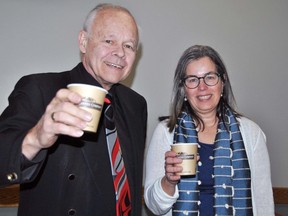 Straford Perth Residential Hospice Committee co-chairs Andy Werner and Anne Fontana are in the mood to celebrate after getting final approval from the South West LHIN to build a hospice in Stratford. (LAURA CUDWORTH/The Beacon Herald)