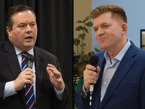 On the left, Alberta PC leadership candidate Jason Kenney. On the right, Wildrose Party leader Brian Jean