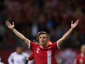 Canada's Nik Ledgerwood celebrates his goal against El Salvador in a FIFA World Cup qualifyier in Vancouver on Sept. 6, 2016. (The Canadian Press)