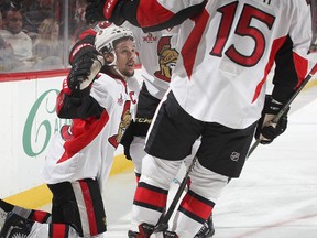 Erik Karlsson of the Ottawa Senators celebrates scoring a goal in the third period of an NHL game against the New Jersey Devils at Prudential Center on Feb. 21, 2017. (Paul Bereswill/Getty Images)