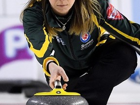 Northern Ontario skip Krista McCarville delivers as she takes on Newfoundland and Labrador during the Scotties Tournament of Hearts in St. Catharines, Ont., on Feb. 21, 2017. (SEAN KILPATRICK/The Canadian Press)