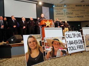 Capt. David Bursten of the Indiana State Police is joined by law enforcement officials from numerous departments to provide the latest details of the investigation into the murders of Liberty German and Abigail Williams on Wednesday, Feb. 22, 2017. (John Terhune/Journal & Courier via AP)