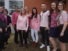 Staff at Oxford-Elgin Child and Youth Centre wore pink to support the anti-bullying campaign Pink Shirt Day on Feb. 22. From left to right: Anna Kudzia ,Deb Donovan, Mamta Chail-Teves, Toni Dibsdale, Melody Lippert, Darci Young, Andi Wawrzusiak, Carmen Jaques, and Vicki Wiebe. (HEATHER RIVERS, Sentinel-Review)