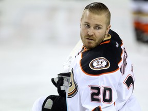 Anaheim Ducks defenceman James Wisniewski stretched during warmup before an NHL game against the Calgary Flames at the Scotiabank Saddledome on March 11, 2015. (Colleen De Neve/Calgary Herald)