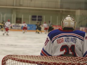 Clinton goalie Marc Nother at a recent Radars game. (Justine Alkema/Clinton News Record)