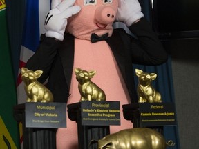 Canadian Taxpayers Federation mascot Porky the Waste Hater holds a trophy during the 19th annual Teddy Government Waste Awards announced during a news conference in Ottawa on Wednesday, Feb. 22, 2017. (THE CANADIAN PRESS/PHOTO)