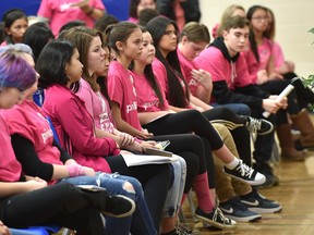 Students at H.E. Beriault Catholic Junior High School wearing pink shirts to stand up against bullying in Edmonton, Wednesday, February 22, 2017. (Ed Kaiser/Postmedia)