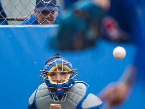 Toronto Blue Jays catcher Russell Martin catches pitcher Marcus Stroman during spring training in Dunedin on Feb. 22, 2017. (THE CANADIAN PRESS/Nathan Denette)