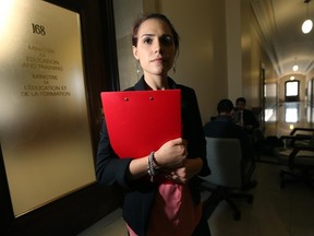 Liberal MLA Cindy Lamoureux is staging a sit-in outside Immigration Minister Ian Wishart's office inside the Legislater. (Winnipeg Sun/Postmedia Network)