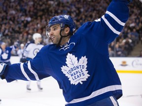 Toronto Maple Leafs' Nazem Kadri celebrates after scoring his team's second goal during an NHL game against the Winnipeg Jets in Toronto on Feb. 21, 2017. (THE CANADIAN PRESS/Chris Young)