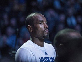 New Raptor Serge Ibaka before the game against Charlotte Hornets in Toronto on Feb. 15, 2017. (Craig Robertson/Toronto Sun/Postmedia Network)