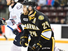 Sarnia Sting defenceman Kevin Spinozzi is eligible to return from his 10-game suspension Saturday night in Flint against the Firebirds. The 20-year-old captain has been banned since delivering a hit on Saginaw Spirit forward Damien Giroux on Jan. 29. (Aaron Bell/OHL Images)