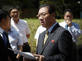 North Korea's Ambassador to Malaysia Kang Chol speaks to the media outside the North Korean Embassy in Kuala Lumpur, Malaysia, on Feb. 20, 2017. (Vincent Thian/AP Photo)