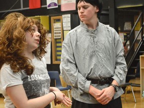 Rowyn McMcGinley, left, and Carter Marion, right, play out an extremely liberal retelling of Romeo and Juliet. It's part of the Complete Works of William Shakespeare (Abridged), the play CKSS is entering at this year's Sears Drama Festival.