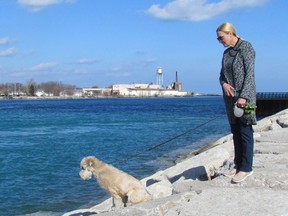 Joyce Stevens and her dog Bayvin pause during a walk along the St. Clair River Thursday, near the Blue Water Bridge in Point Edward. Residents of the region are being invited to a public meeting the International Joint Commission is hosting on state of the Great Lakes March 22 at the Lochiel Kiwanis Community Centre in Sarnia.
Paul Morden/Sarnia Observer/Postmedia Network