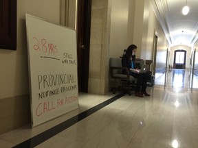 Cindy Lamoureux’s sit-in stretched into its 30th hour Thursday before finally wrapping up shortly after 5 p.m. (David Larkins/Winnipeg Sun)
