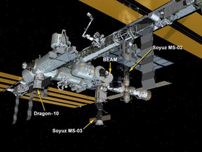 This NASA handout illustration image obtained February 23, 2017 shows the SpaceX Dragon attached to the Space Station Harmony Module. (AFP PHOTO)
