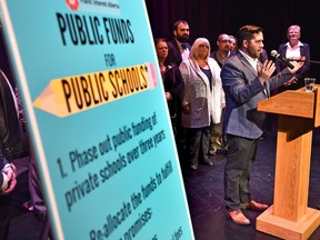 Speaking is Michael Janz, Chair of Edmonton Public School Board who along with Public Interest Alberta and 12 other organizations urged the provincial government to phase out the public funding of private schools to strengthen public school systems across the province, in Edmonton, Thursday, February 23, 2017.  Ed Kaiser/Postmedia