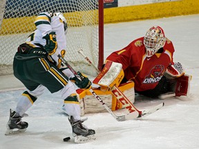 University of Calgary Dinos goalie Kris Lazaruk makes a save against University of Alberta Golden Bears' Stephane Legault during the Canada West final at Clare Drake Arena on March 5, 2015. The playoff rivalry resumes this weekend in Edmonton. (Larry Wong)