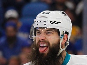 San Jose Sharks defenceman Brent Burns jokes around during an NHL game against the Buffalo Sabres on Feb. 7, 2017, in Buffalo, N.Y. (THE CANADIAN PRESS/AP/Jeffrey T. Barnes)