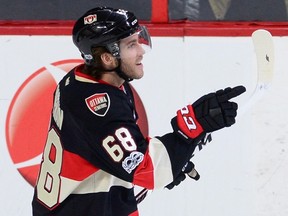 Ottawa Senators' Mike Hoffman celebrates his first-period goal against the Pittsburgh Penguins during an NHL game in Ottawa on Jan. 12, 2017. (THE CANADIAN PRESS/Sean Kilpatrick)