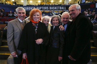 New York Rangers alumni and their wives were at the game (L-R) Dean Prentice, June Prentice, Anne Conacher, Shirley Lewicki, Pete Conacher and Danny Lewicki were guests at the game in Toronto on Thursday, February 23, 2017. (Jack Boland/Toronto Sun)