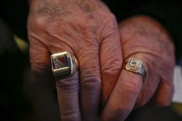 New York Rangers alumni and their wives were at the game - Danny Lewicki shows of his Cup rings at the game in Toronto on Thursday, February 24, 2017. (Jack Boland/Toronto Sun)