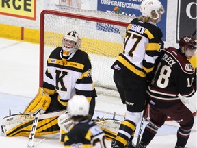 Kingston Frontenacs goalie Jeremy Helvig reacts after the Petes' Steven Lorentz scored the winning goal in a 3-1 Ontario Hockey League victory in Peterborough on Thursday night. (Clifford Skarstedt/Postmedia Network)