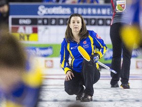 Alberta skip Heather Nedohin delivers a stone during the the Scotties Tournament of Hearts at the Meridian Centre in St. Catharines, Ont., Feb. 23 2017. (Bob Tymczyszyn/St. Catharines Standard)