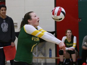 Kayla Murray, of Lockerby Vikings, bumps the ball to a teammate during the girls high school AA NOSSA volleyball finals against Superior Heights Steelhawks at Lockerby Composite School in Sudbury, Ont. on Friday February 24, 2017. John Lappa/Sudbury Star/Postmedia Network