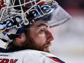 Goaltender Braden Holtby of the Washington Capitals looks on during an NHL game against the Montreal Canadiens at the Bell Centre on Feb. 4, 2017 in Montreal, Quebec, Canada. (Minas Panagiotakis/Getty Images)