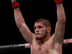 Khabib Nurmagomedov reacts against Michael Johnson in their lightweight bout during UFC 205 event at Madison Square Garden on Nov. 12, 2016. (Michael Reaves/Getty Images)