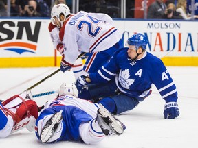 Toronto Maple Leafs forward Leo Komarov during an NHL game against the Montreal Canadiens at the Air Canada Centre in Toronto on Jan. 7, 2017. (Ernest Doroszuk/Toronto Sun/Postmedia Network)