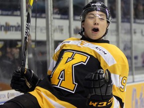 Kingston Frontenacs' Jason Robertson celebrates his goal during the second period of Ontario Hockey League action at the Rogers K-Rock Centre in Kingston on Friday night. (Steph Crosier/The Whig-Standard)